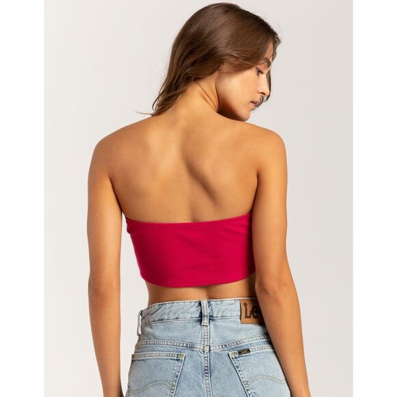 Roxy Women’s Aloha Bright Pink Ribbed Cropped Tube Top with White Flowers Size M - Picture 2 of 7